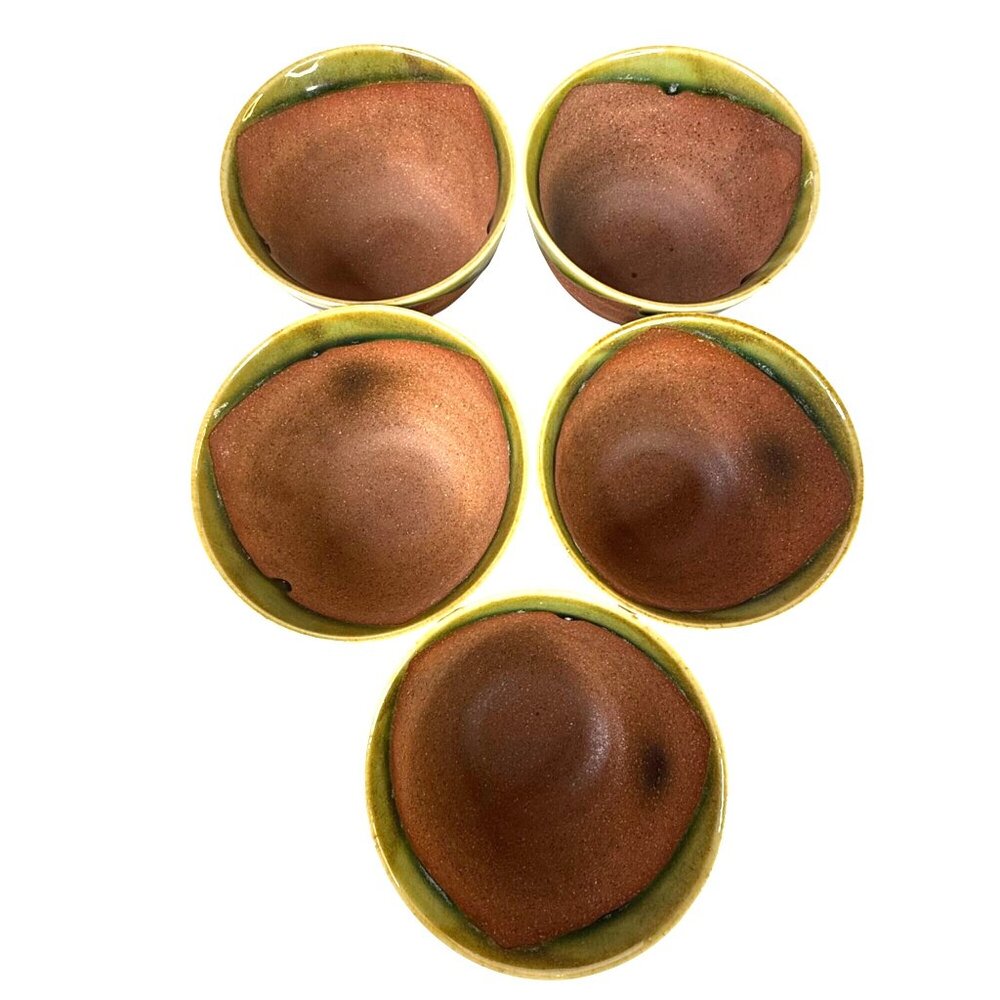 5 Hand Thrown Pottery Bowls Terracotta With Green Drip Glaze Edge Studio Art - Picture 5 of 11